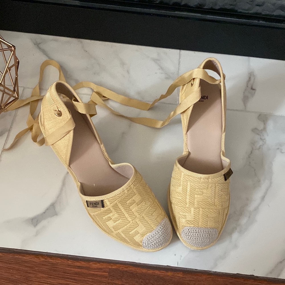 Fendi logo ankle wrap espadrille wedge sandals